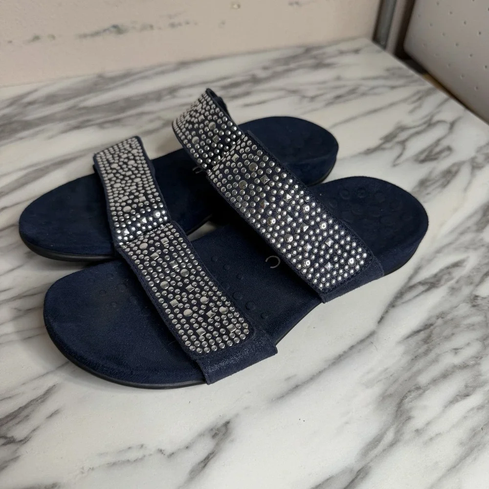 Vionic Samoa Double Strap Slide Sandals Sz 7 Blue Studded Suede Leather Comfort
